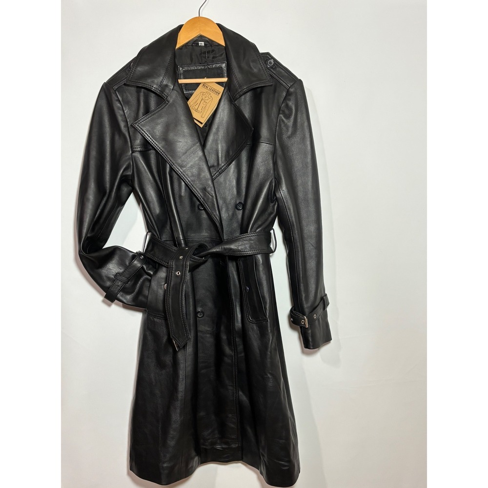 Real Leather Trench Coat Womens M Black Punisher Augusta Belted Double‎ Breasted